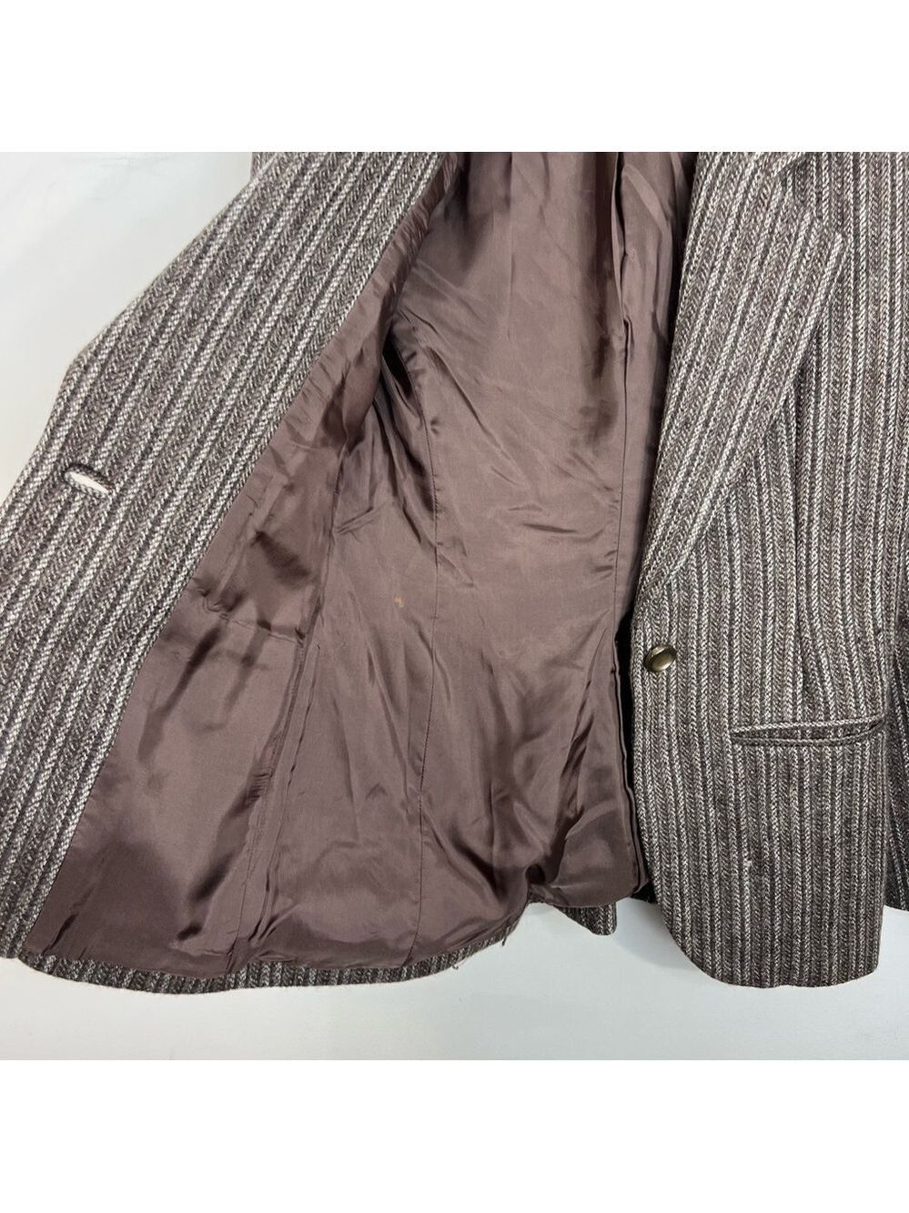 Vintage tailored preppy old money tweed stripe brown fitted jacket blazer - Picture 7 of 11